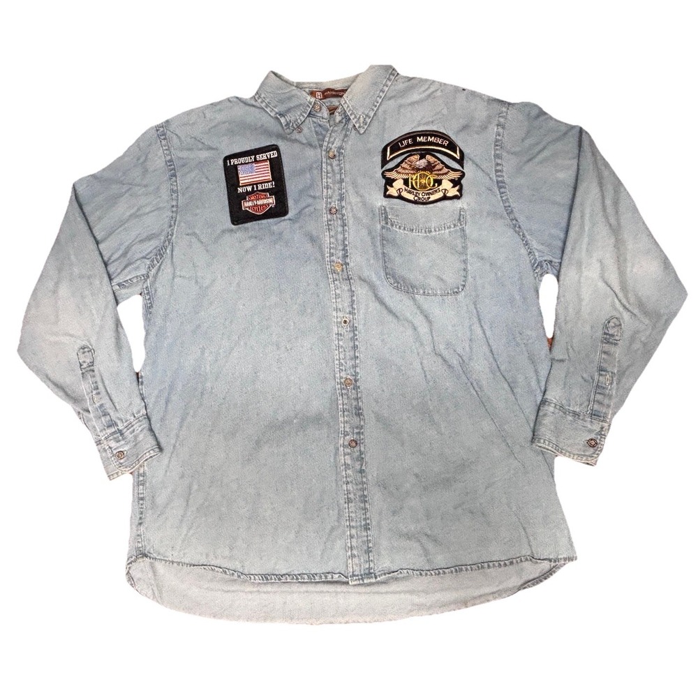 Harley-Davidson Denim Shirt XL HOG Life Member Veteran Ride‎ Patch Harriton